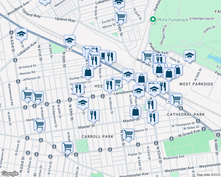 map of restaurants, bars, coffee shops, grocery stores, and more near 1644 North 55th Street in Philadelphia