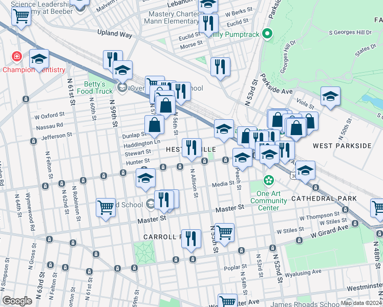 map of restaurants, bars, coffee shops, grocery stores, and more near 1644 North 55th Street in Philadelphia