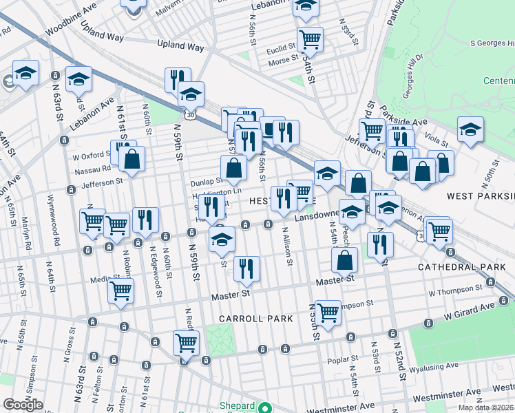 map of restaurants, bars, coffee shops, grocery stores, and more near 5601 Stewart Street in Philadelphia