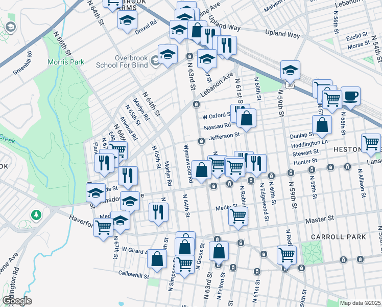 map of restaurants, bars, coffee shops, grocery stores, and more near 878 Wynnewood Road in Philadelphia