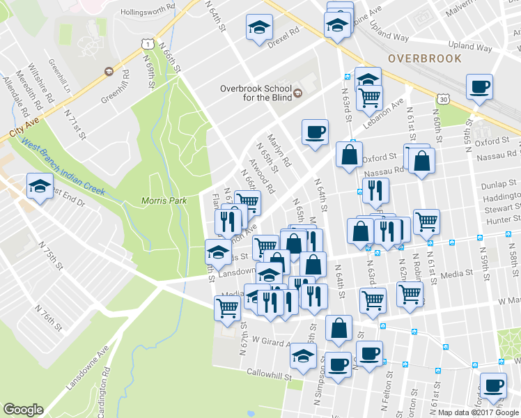 map of restaurants, bars, coffee shops, grocery stores, and more near 935 North 66th Street in Philadelphia