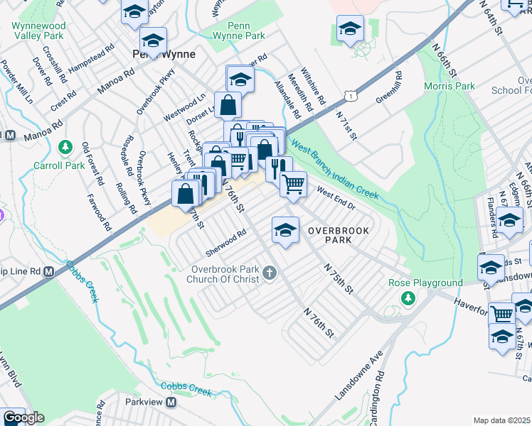 map of restaurants, bars, coffee shops, grocery stores, and more near 7524 Greenhill Road in Philadelphia