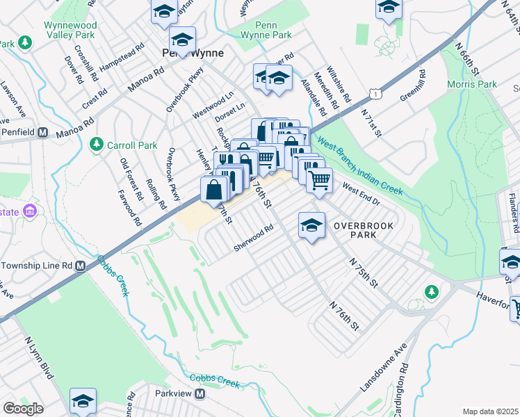 map of restaurants, bars, coffee shops, grocery stores, and more near 7556 Overbrook Avenue in Philadelphia