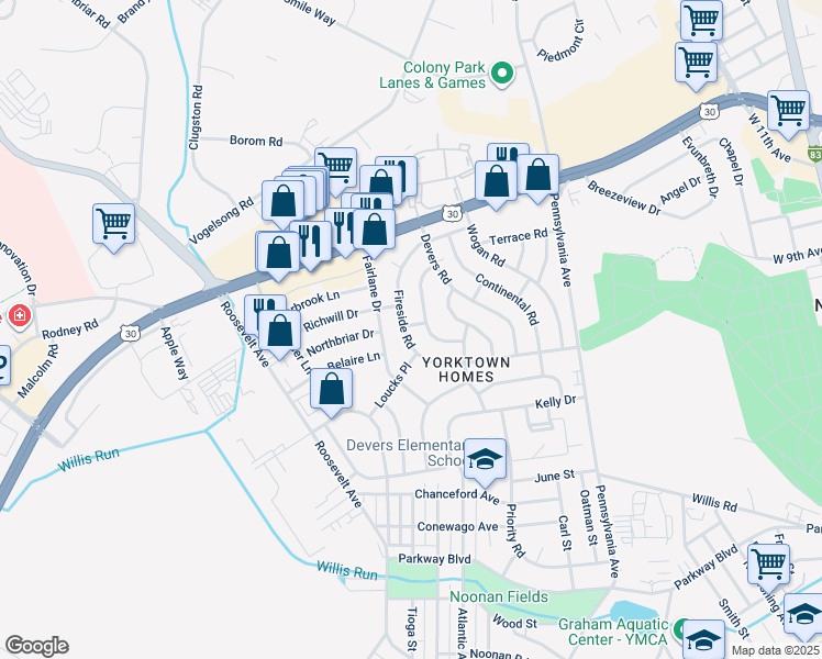 map of restaurants, bars, coffee shops, grocery stores, and more near 804 Richwill Lane in York