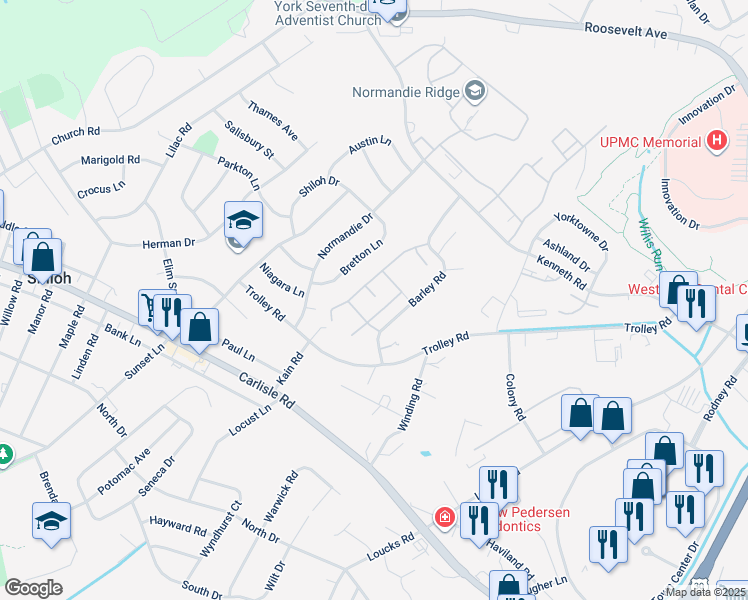 map of restaurants, bars, coffee shops, grocery stores, and more near 701 Stonegate Court in York