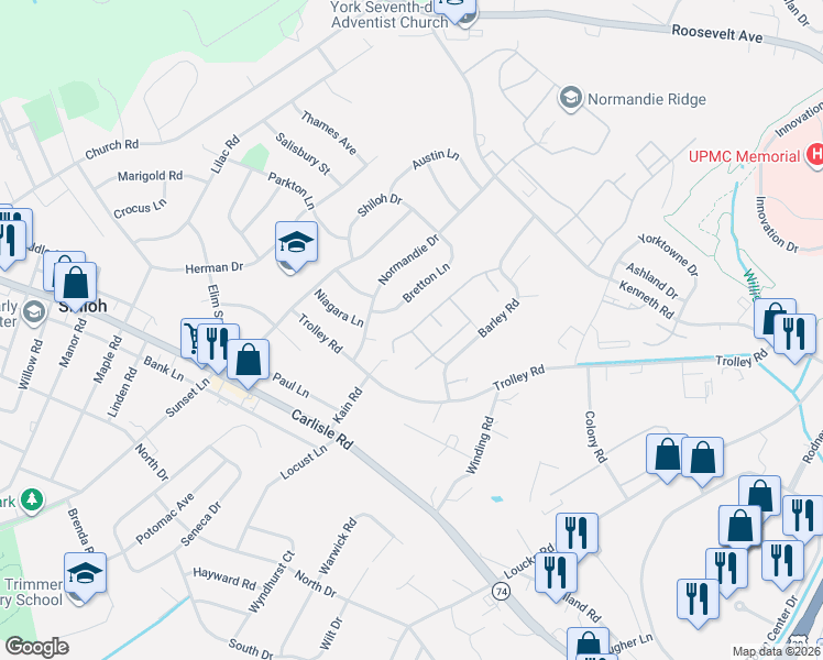 map of restaurants, bars, coffee shops, grocery stores, and more near 1988 Bretton Lane in York