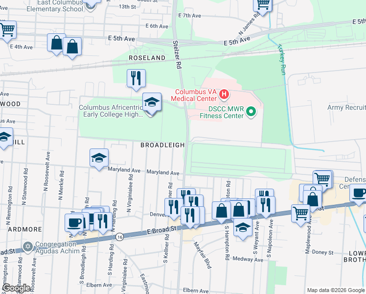 map of restaurants, bars, coffee shops, grocery stores, and more near in Columbus