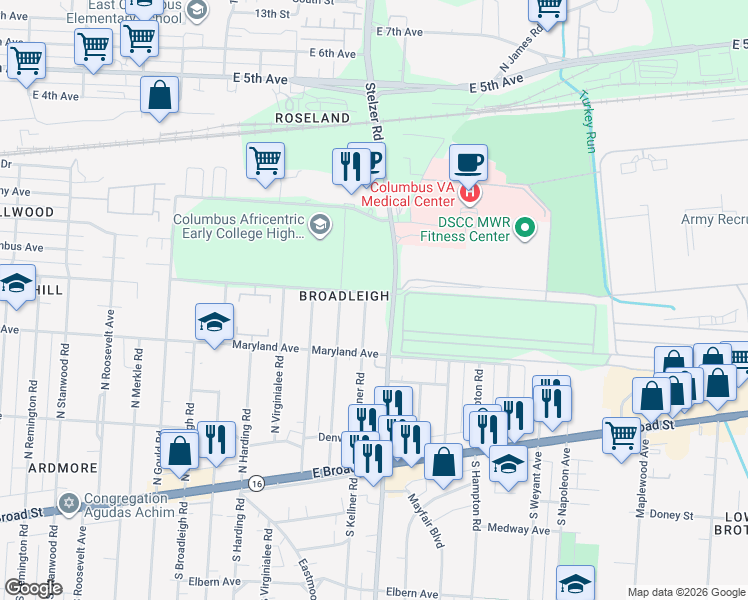 map of restaurants, bars, coffee shops, grocery stores, and more near in Columbus