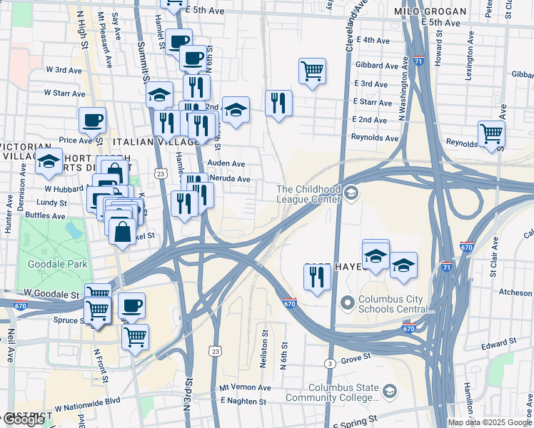 map of restaurants, bars, coffee shops, grocery stores, and more near 736 Civitas Avenue in Columbus