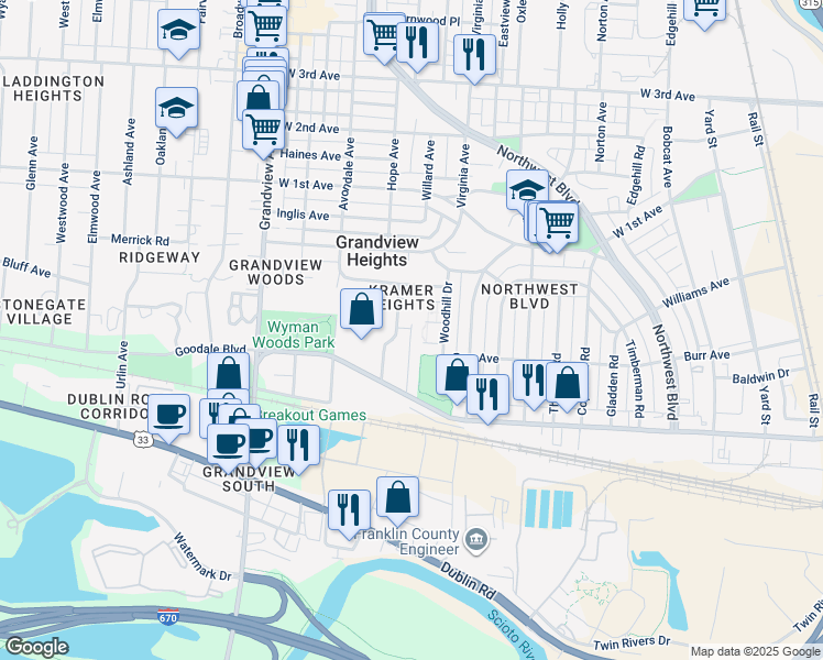 map of restaurants, bars, coffee shops, grocery stores, and more near 967 Kramer Avenue in Columbus