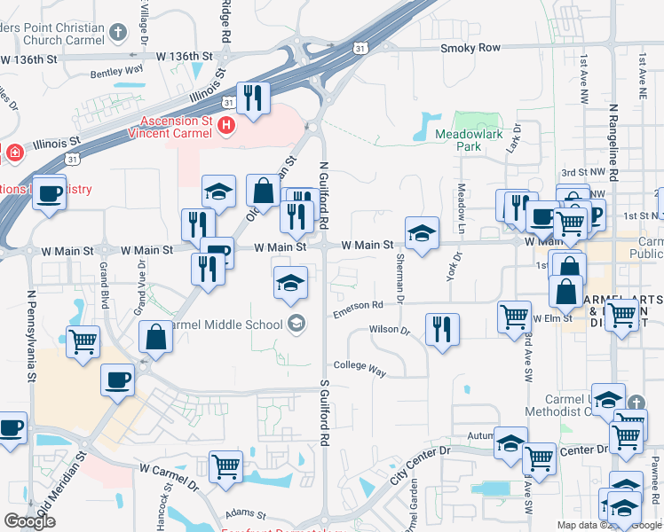 map of restaurants, bars, coffee shops, grocery stores, and more near 780 Wilson Terrace Court in Carmel