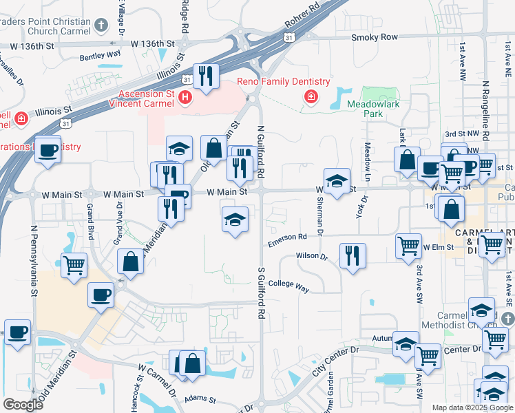 map of restaurants, bars, coffee shops, grocery stores, and more near 833 West Main Street in Carmel
