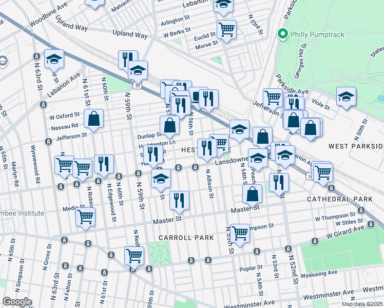 map of restaurants, bars, coffee shops, grocery stores, and more near 5603 Hunter Street in Philadelphia