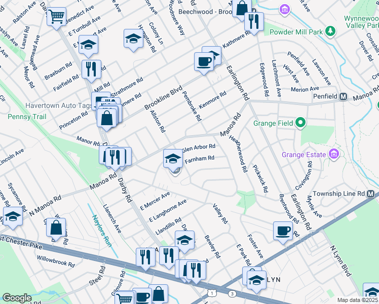 map of restaurants, bars, coffee shops, grocery stores, and more near 207 Glen Arbor Road in Havertown