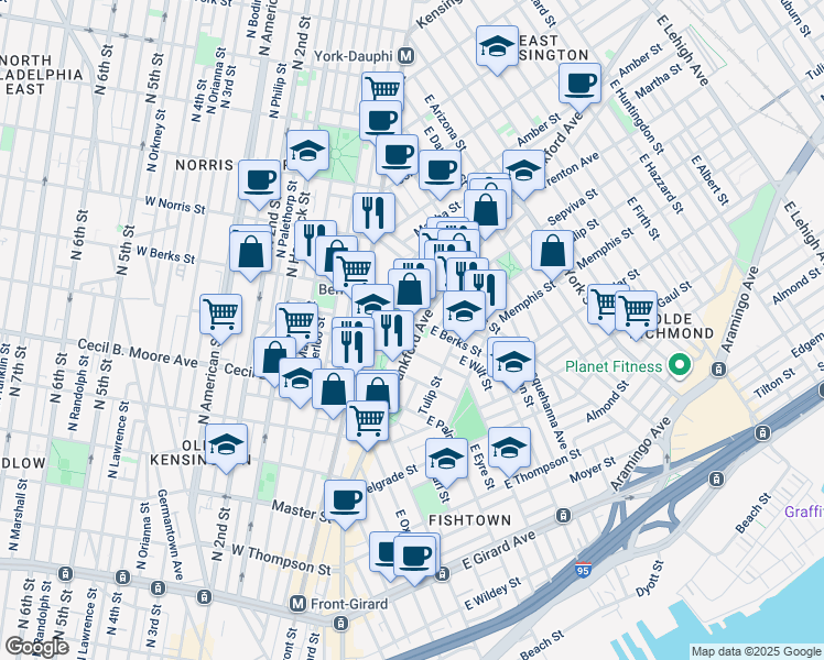 map of restaurants, bars, coffee shops, grocery stores, and more near 1820 Frankford Avenue in Philadelphia