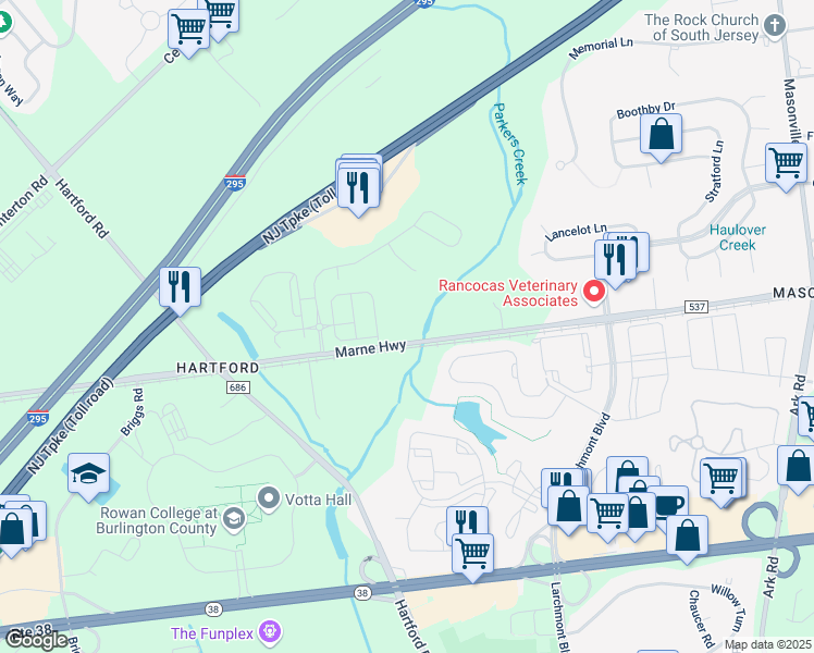map of restaurants, bars, coffee shops, grocery stores, and more near 3233 Marne Highway in Mount Laurel Township