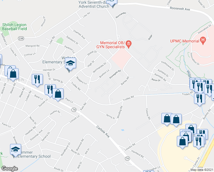map of restaurants, bars, coffee shops, grocery stores, and more near 105 Pine Court in York
