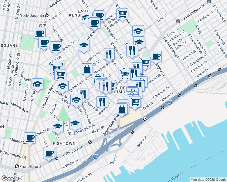 map of restaurants, bars, coffee shops, grocery stores, and more near 2438 East Hagert Street in Philadelphia
