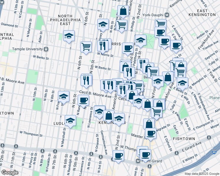 map of restaurants, bars, coffee shops, grocery stores, and more near 1741 North 3rd Street in Philadelphia