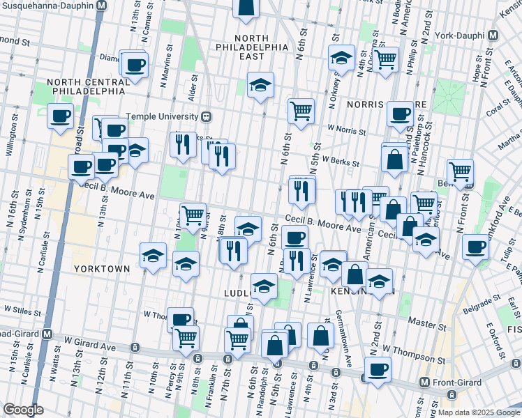 map of restaurants, bars, coffee shops, grocery stores, and more near 1706 North Marshall Street in Philadelphia