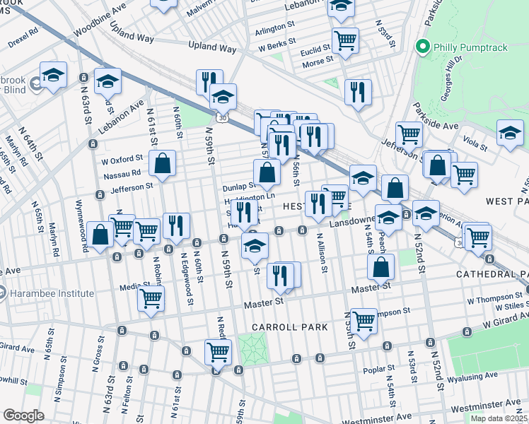 map of restaurants, bars, coffee shops, grocery stores, and more near 5716 Stewart Street in Philadelphia