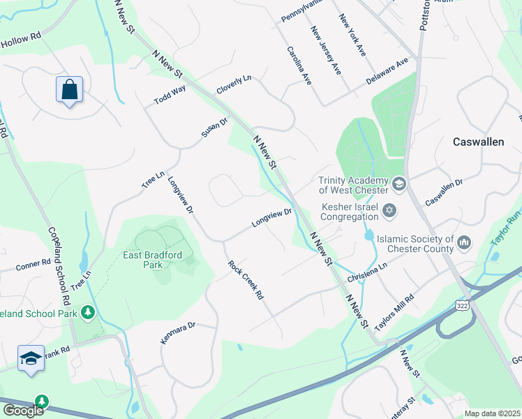 map of restaurants, bars, coffee shops, grocery stores, and more near 407 Longview Drive in West Chester