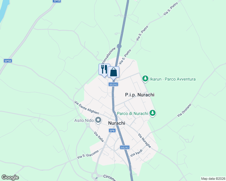 map of restaurants, bars, coffee shops, grocery stores, and more near 25 Strada Statale 292 Nord Occidentale Sarda in Nurachi