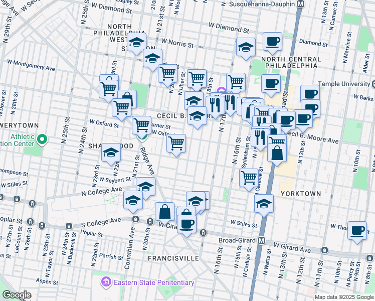 map of restaurants, bars, coffee shops, grocery stores, and more near 1520 North Gratz Street in Philadelphia