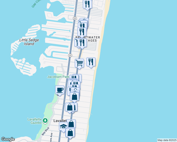 map of restaurants, bars, coffee shops, grocery stores, and more near 5 Ortley Avenue in Lavallette