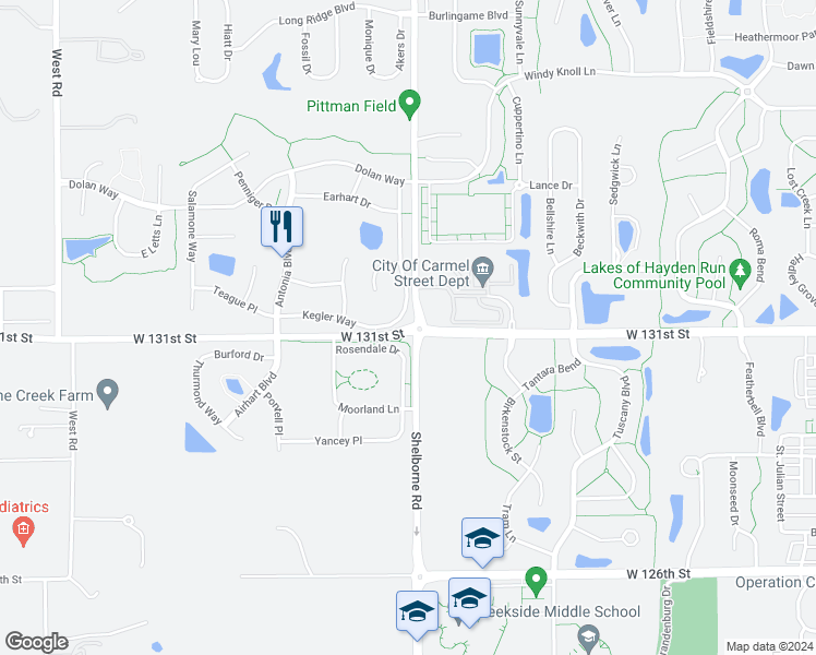 map of restaurants, bars, coffee shops, grocery stores, and more near 3600 West 131st Street in Carmel