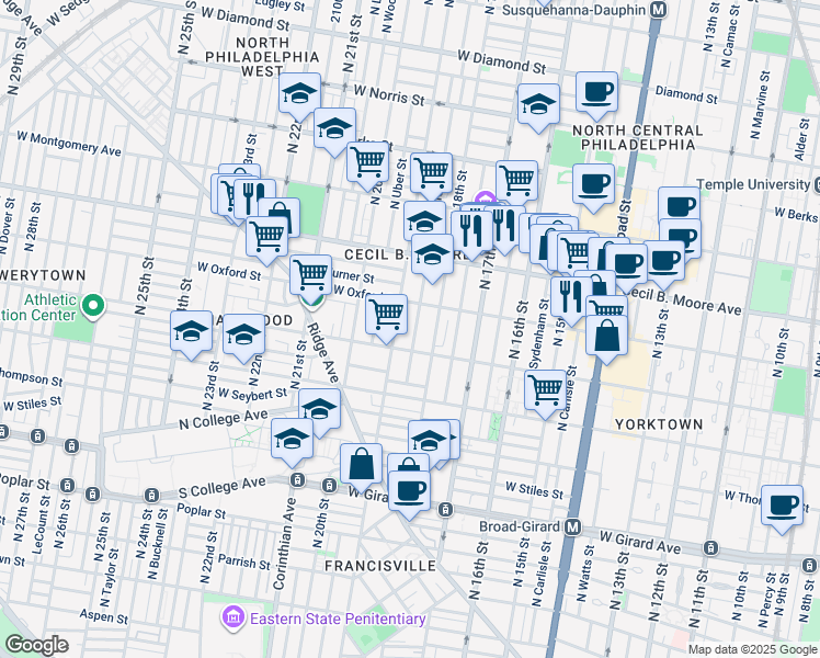 map of restaurants, bars, coffee shops, grocery stores, and more near 1520 North Gratz Street in Philadelphia