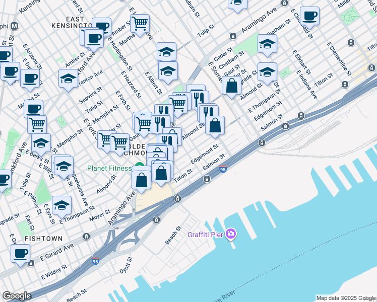 map of restaurants, bars, coffee shops, grocery stores, and more near 2637 East Huntingdon Street in Philadelphia