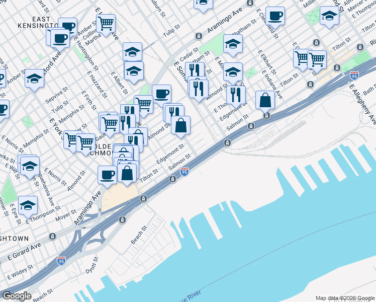 map of restaurants, bars, coffee shops, grocery stores, and more near 2716 East Lehigh Avenue in Philadelphia