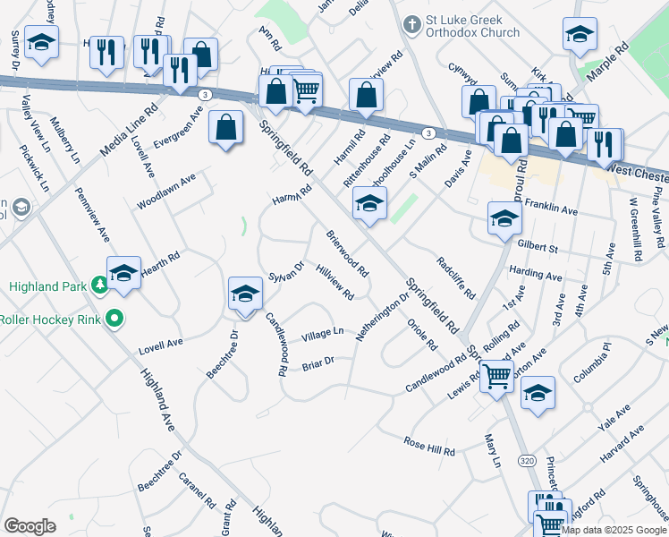 map of restaurants, bars, coffee shops, grocery stores, and more near 2737 Hillview Road in Broomall