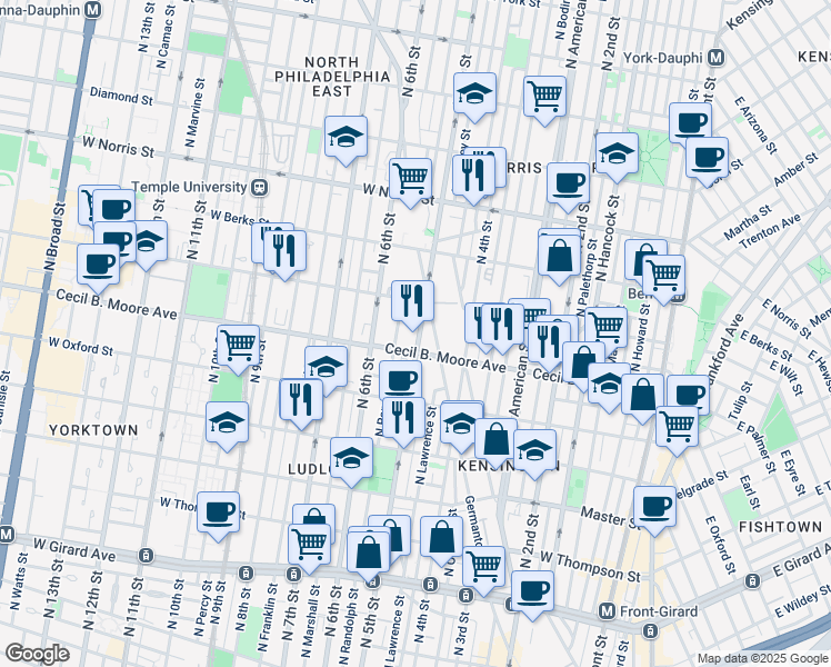 map of restaurants, bars, coffee shops, grocery stores, and more near 1720 North 5th Street in Philadelphia