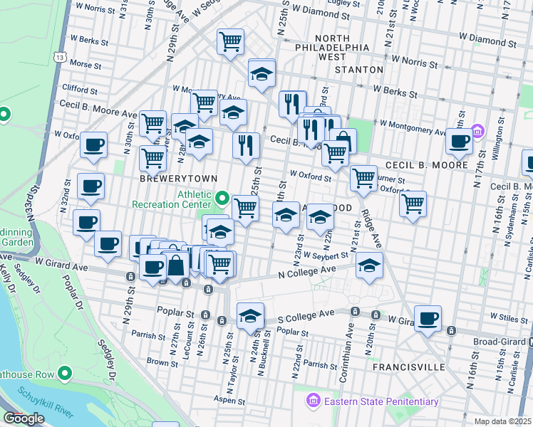 map of restaurants, bars, coffee shops, grocery stores, and more near 2421 Sharswood Street in Philadelphia