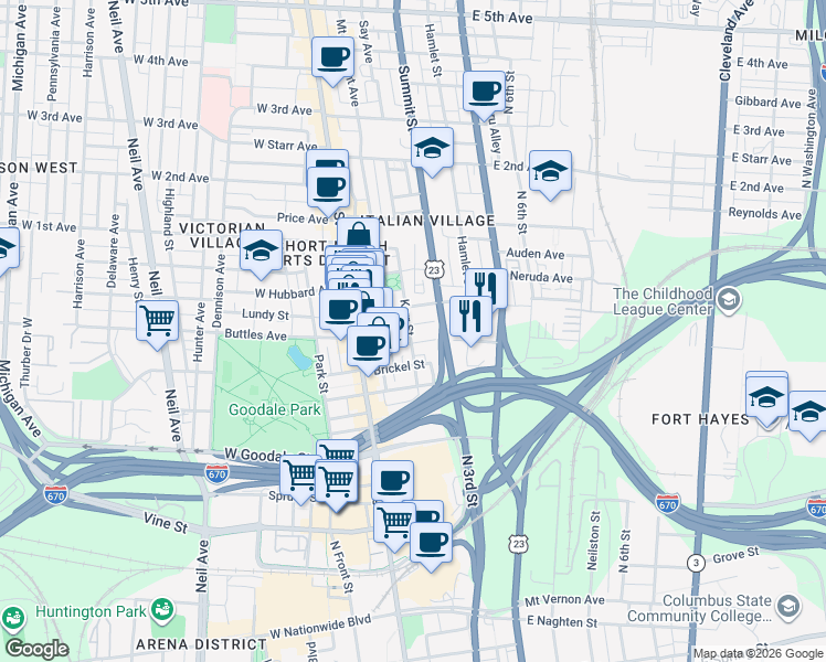 map of restaurants, bars, coffee shops, grocery stores, and more near 97 Warren Street in Columbus