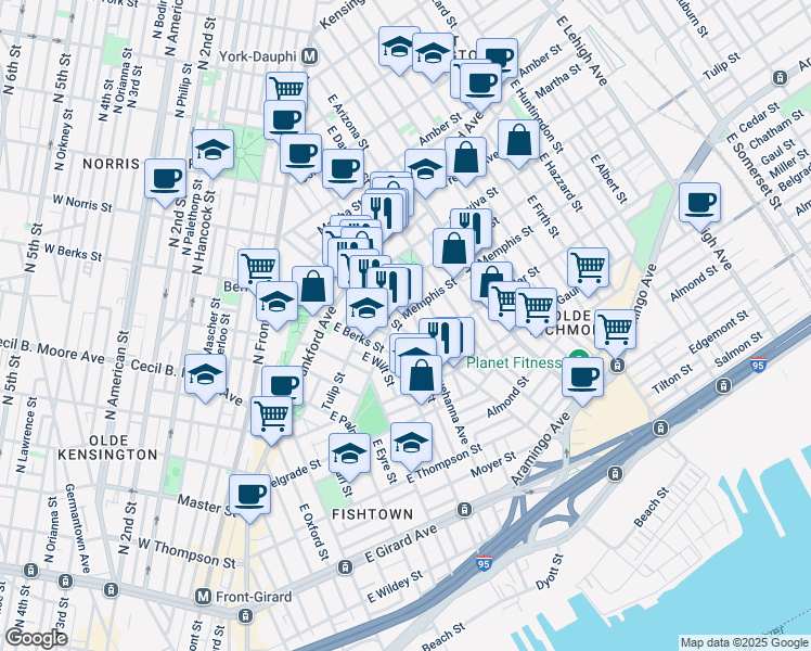 map of restaurants, bars, coffee shops, grocery stores, and more near 2335 East Norris Street in Philadelphia