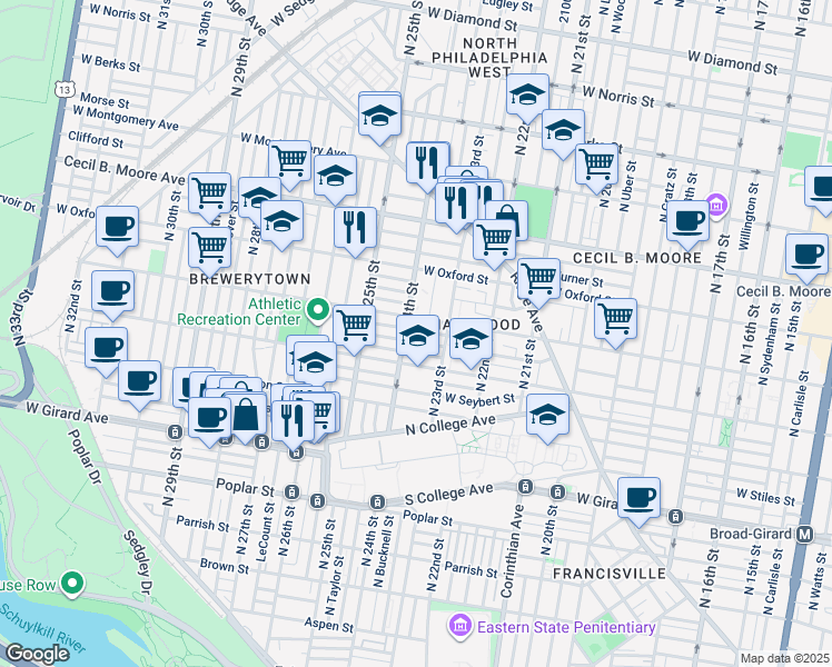 map of restaurants, bars, coffee shops, grocery stores, and more near 2338 Stewart Street in Philadelphia