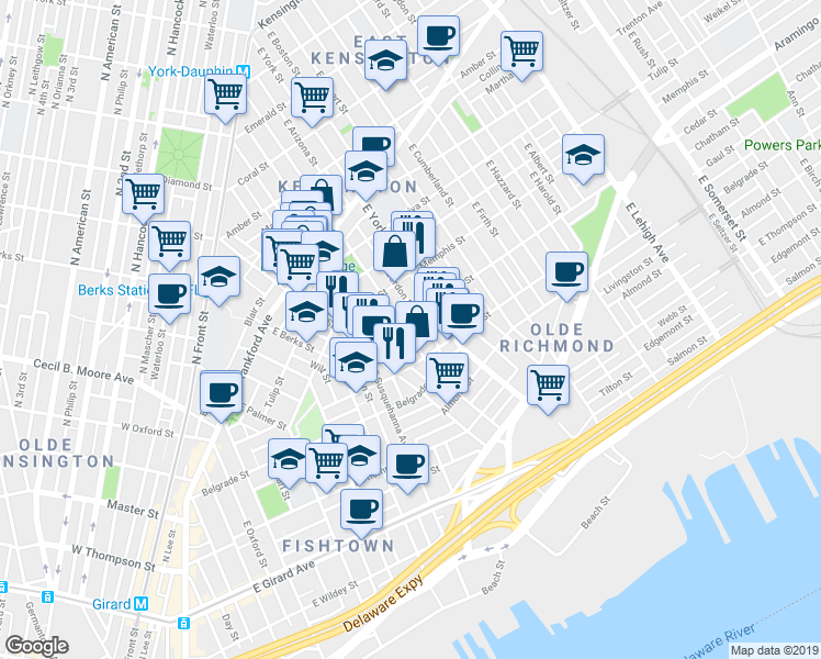 map of restaurants, bars, coffee shops, grocery stores, and more near 2409 East Dauphin Street in Philadelphia