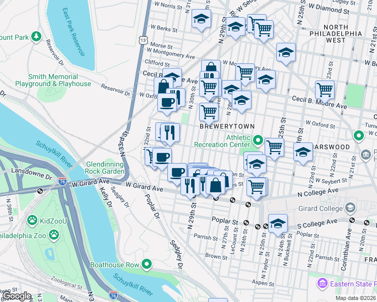 map of restaurants, bars, coffee shops, grocery stores, and more near 1406 North 30th Street in Philadelphia