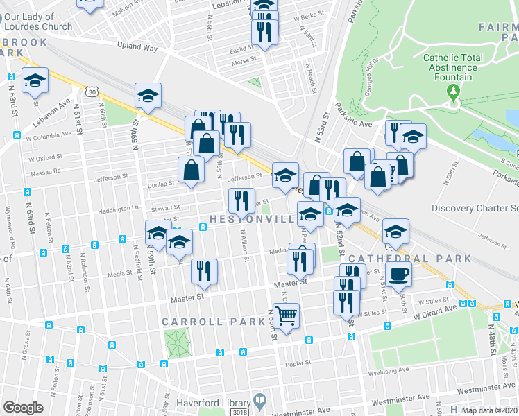 map of restaurants, bars, coffee shops, grocery stores, and more near 1621 North 55th Street in Philadelphia
