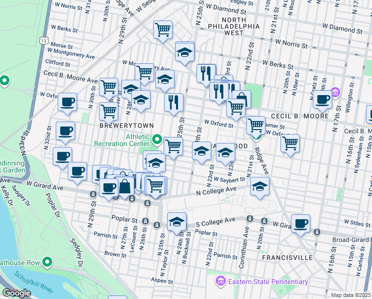 map of restaurants, bars, coffee shops, grocery stores, and more near 2427 Sharswood Street in Philadelphia