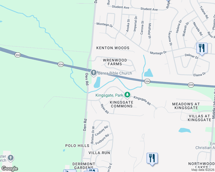 map of restaurants, bars, coffee shops, grocery stores, and more near 1174 Kingsgate Road in Springfield