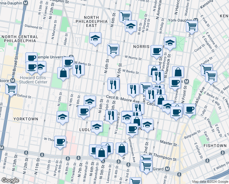 map of restaurants, bars, coffee shops, grocery stores, and more near 1720 North 5th Street in Philadelphia