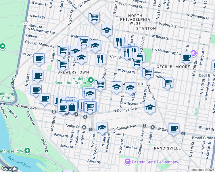 map of restaurants, bars, coffee shops, grocery stores, and more near 2427 Sharswood Street in Philadelphia