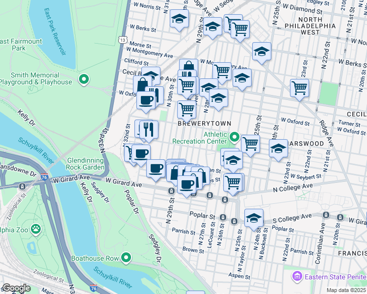 map of restaurants, bars, coffee shops, grocery stores, and more near 1351 North 29th Street in Philadelphia