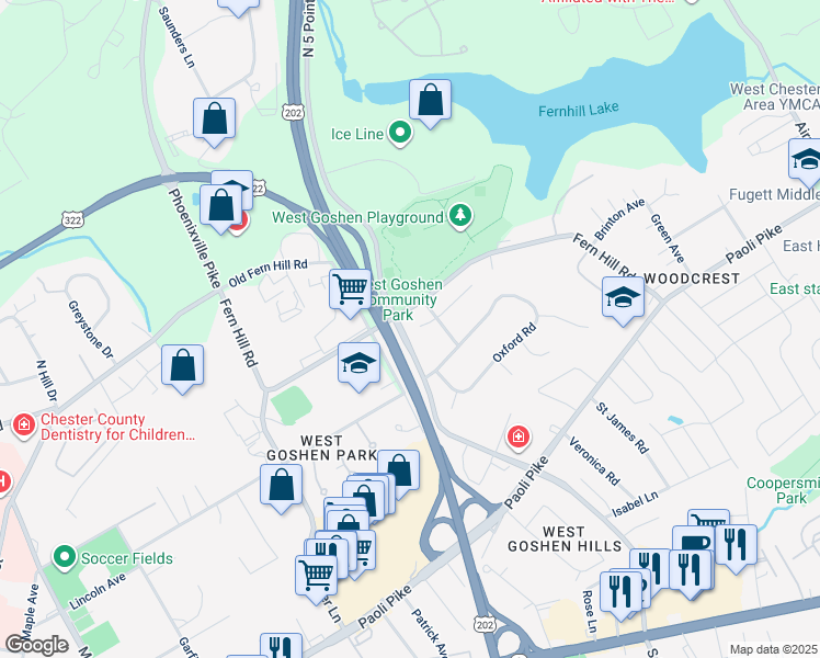 map of restaurants, bars, coffee shops, grocery stores, and more near 105 Afton Way in West Chester