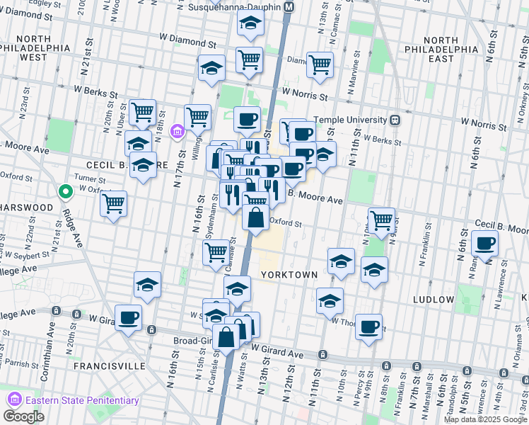 map of restaurants, bars, coffee shops, grocery stores, and more near 1801 North Broad Street in Philadelphia