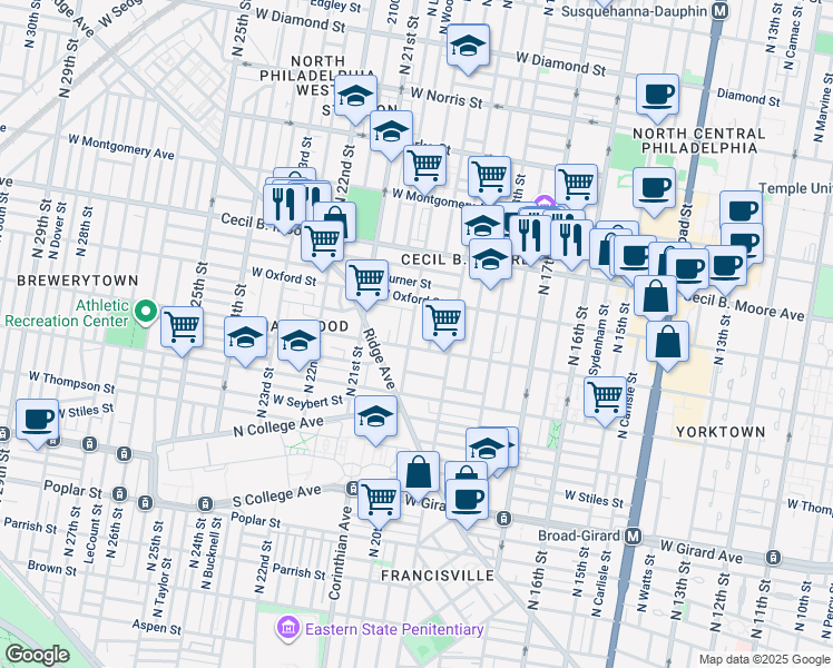 map of restaurants, bars, coffee shops, grocery stores, and more near 1515 North 20th Street in Philadelphia